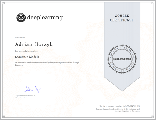 COURSERA Certificate Deep Learning Specialization Sequence Models for Adrian Horzyk
